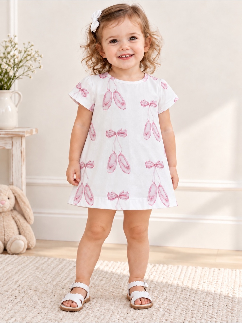 Girls White Dress with Pink Ballet Slippers Print Kids  Dress